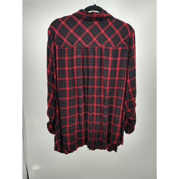 Lane Bryant Shirt Top Plus 22 24 Long Plaid Button Down Roll Christmas Red Black - Picture 7 of 7